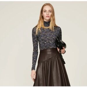 Ulla Johnson Shirt Womens Small Black Aurelia Abstract Turtleneck Stretch Jersey